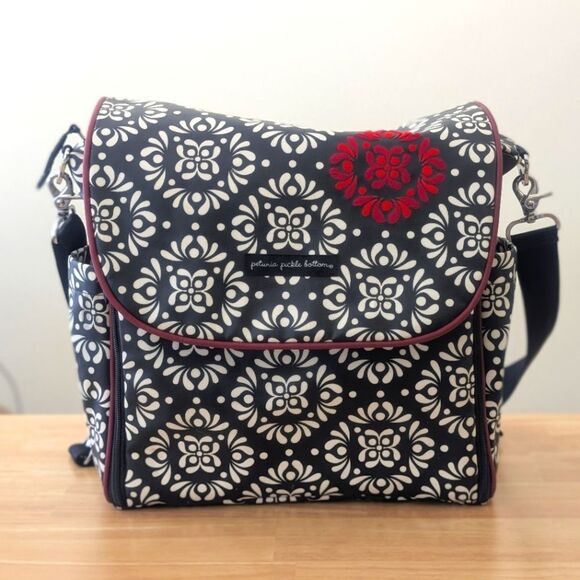 Petunia Pickle Bottom Brocade Diaper Bag Black White Red Embossed - Picture 1 of 9